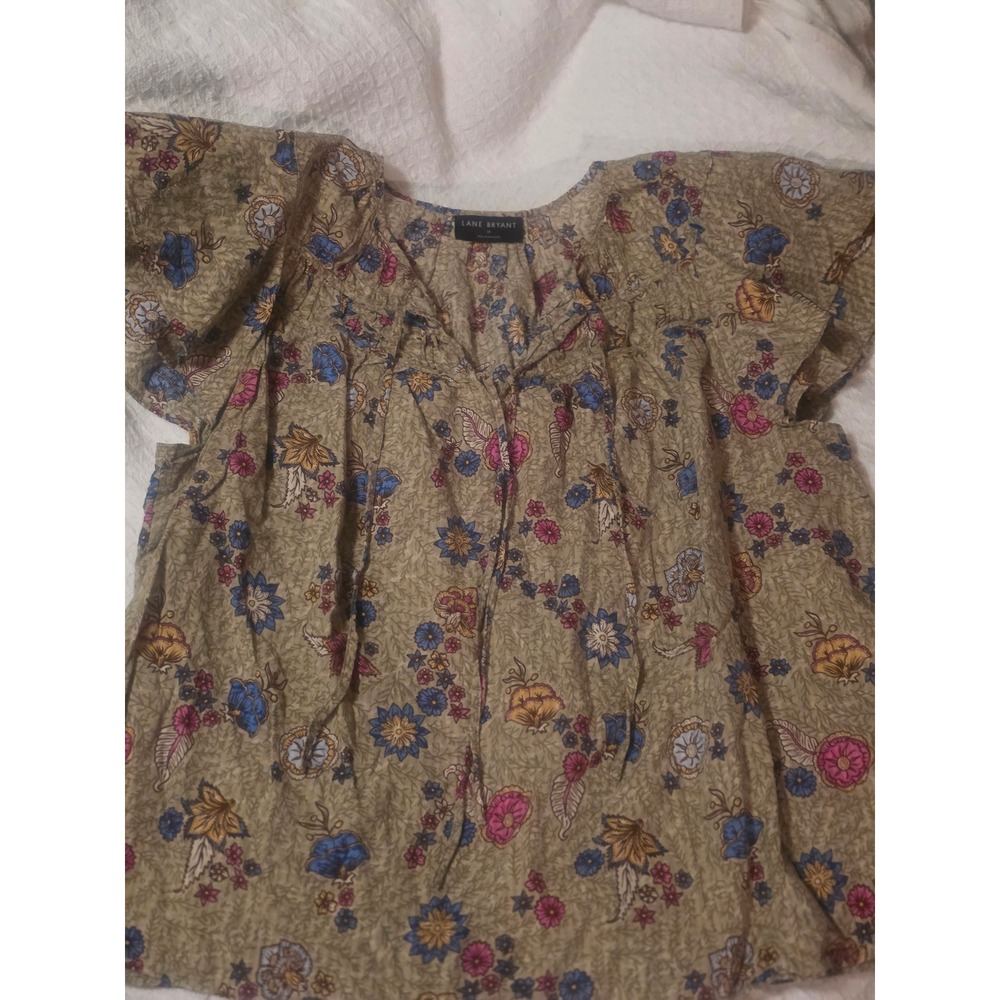 Lane Bryant Floral Cotton Flutter Sleeve Tie Neck Blouse Olive Plus Size 26